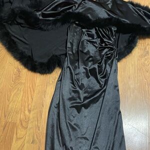 Elegant Black Satin Dress with Faux Fur Trim